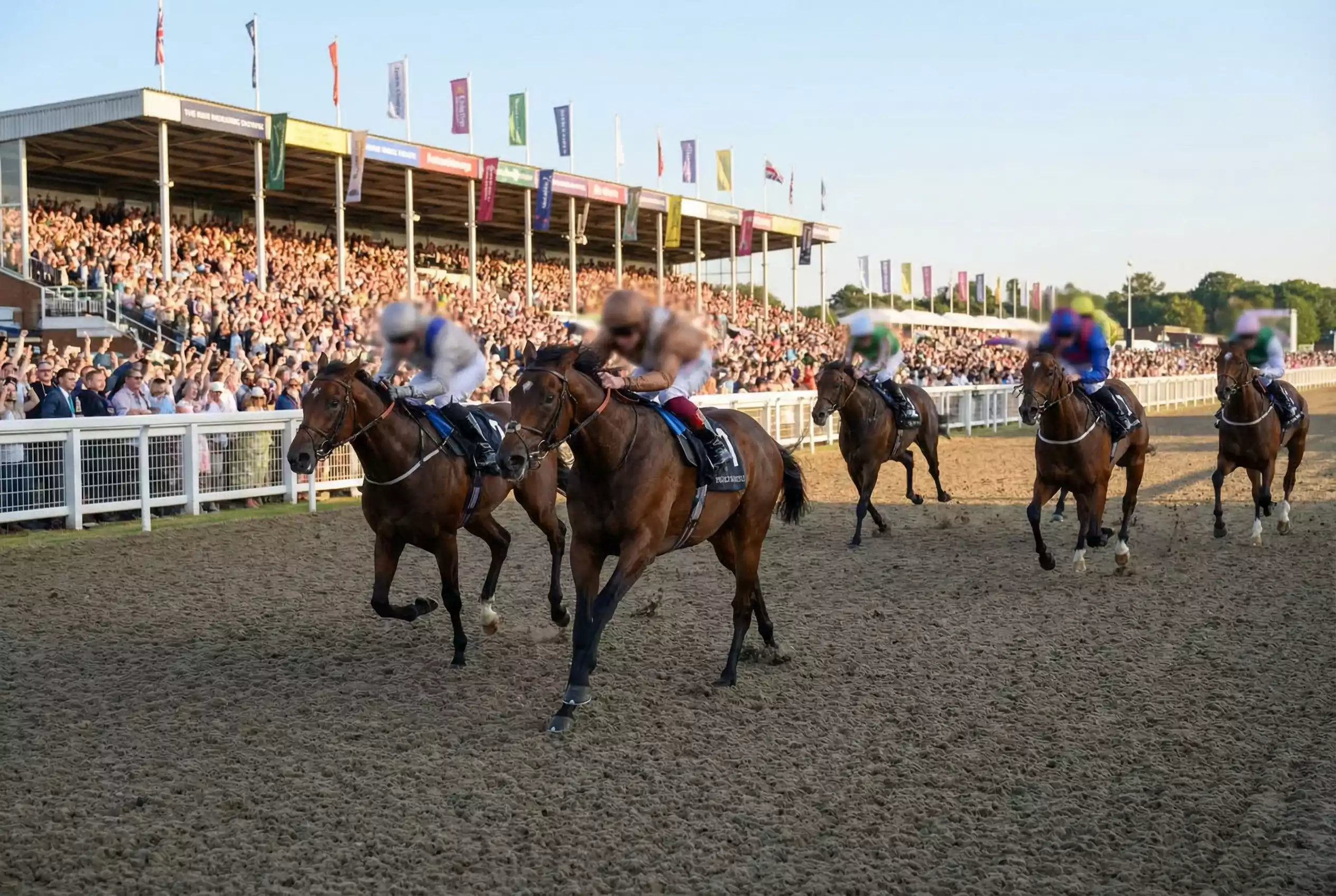 Horse racing action on an all-weather track during a championship meeting