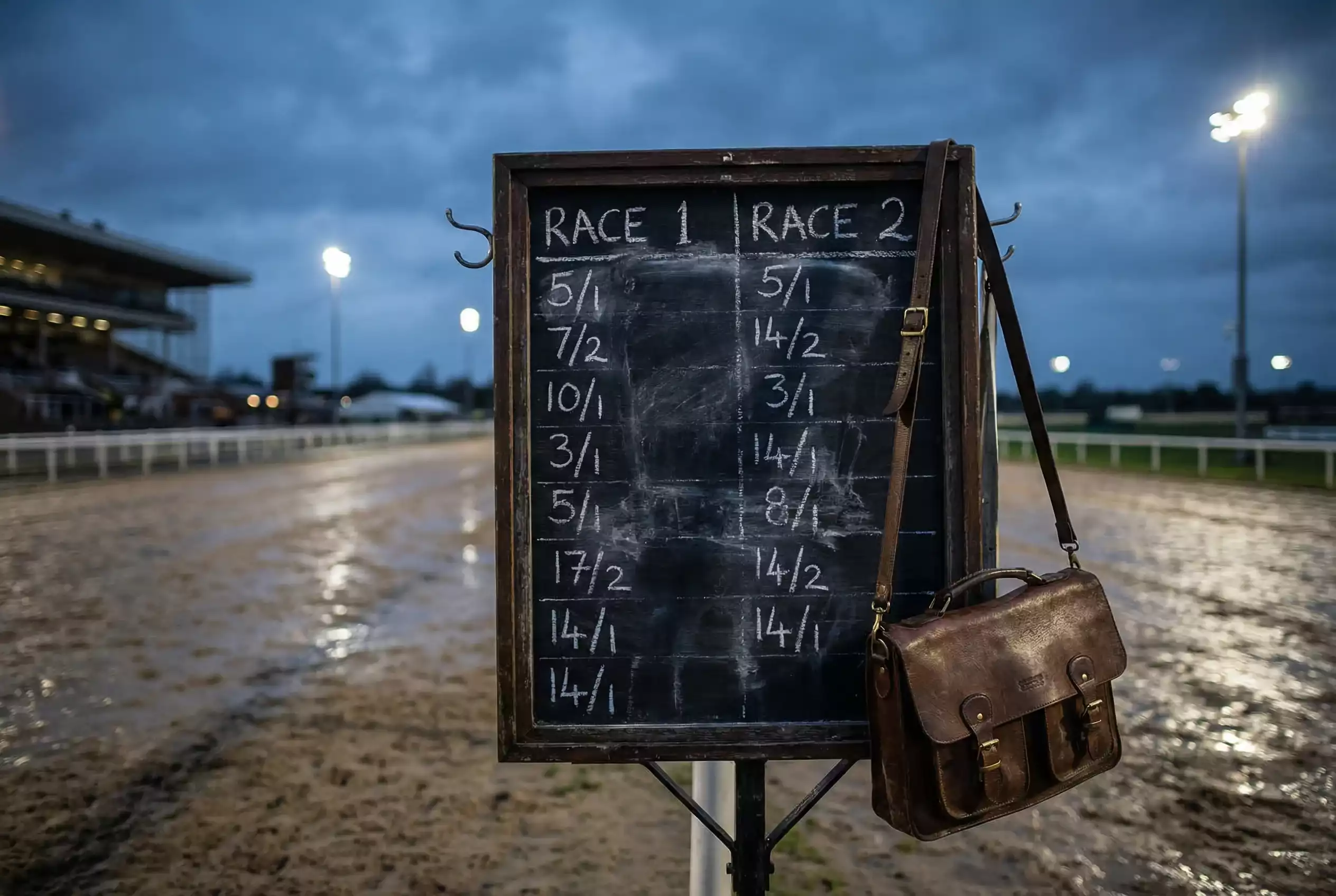 Bookmaker odds board at a British racecourse showing horse racing prices