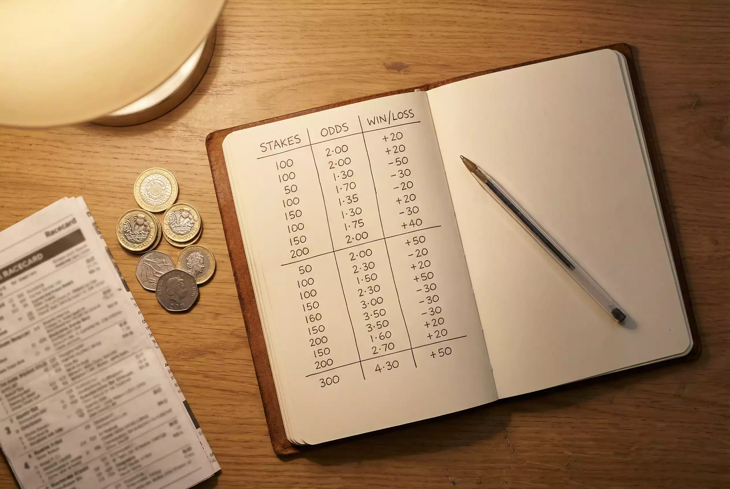 Notebook with handwritten betting records and a pen on a wooden desk