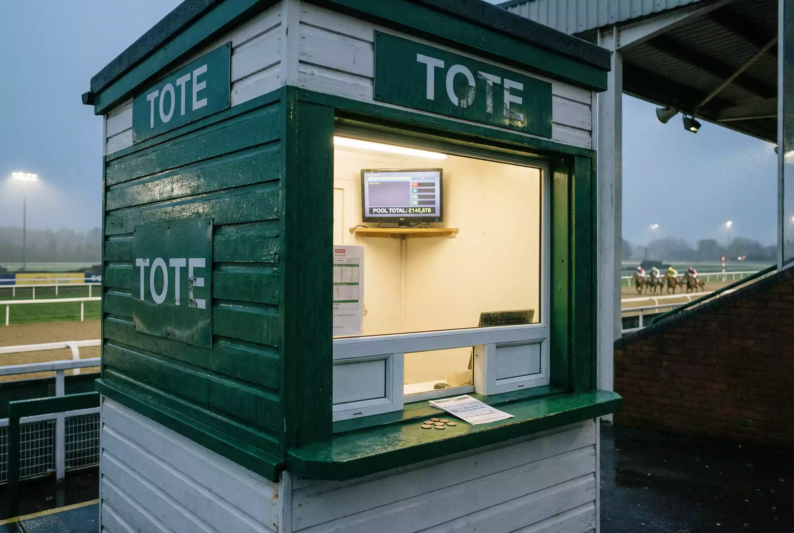 Tote pool betting window at a British racecourse with racing in the background