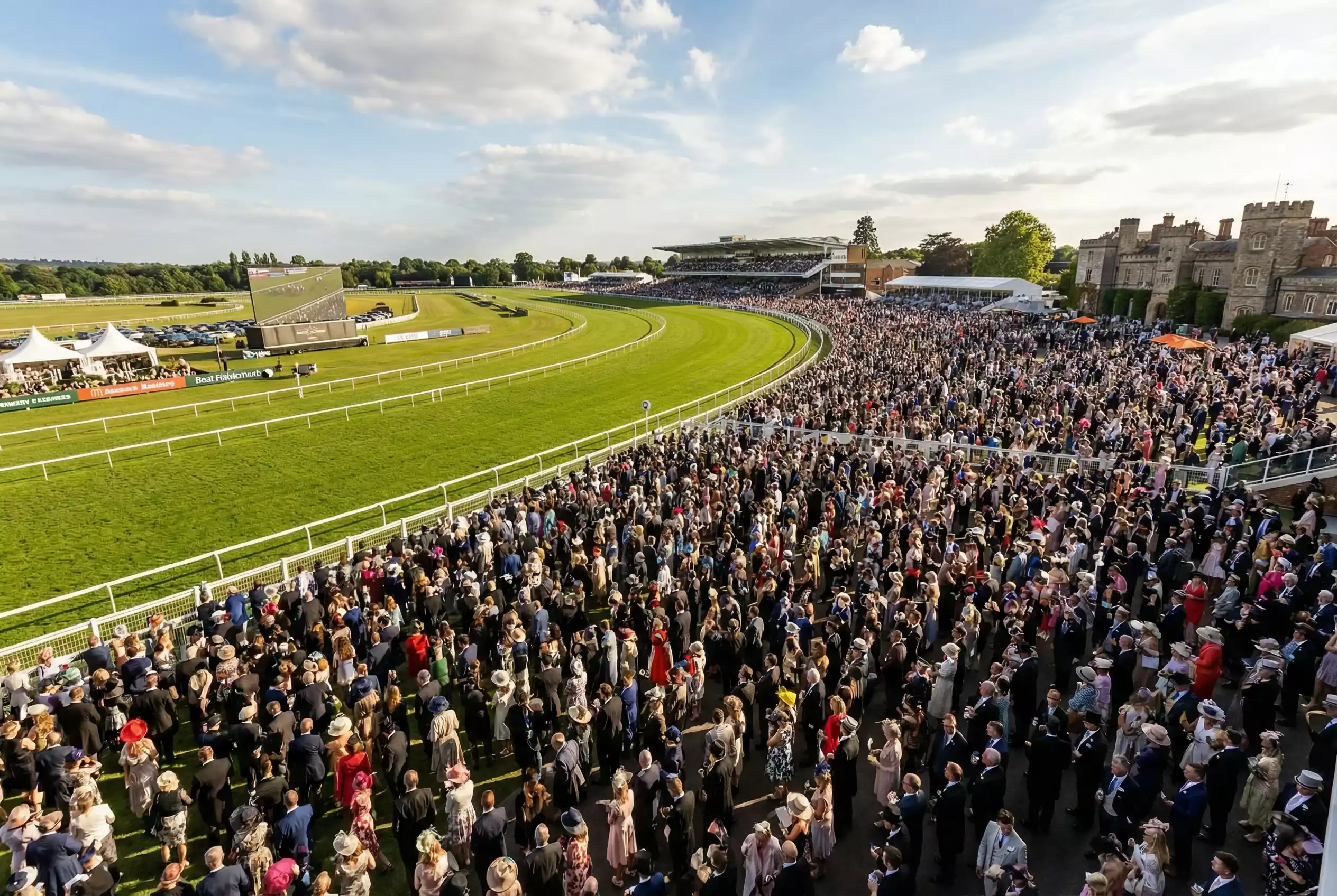 Crowded grandstand at a major British horse racing meeting