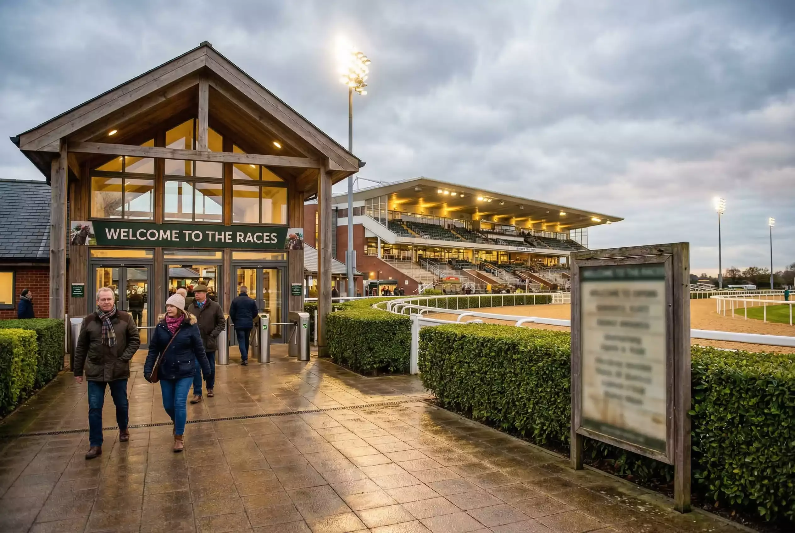 Entrance and grandstand of Wolverhampton racecourse on a raceday