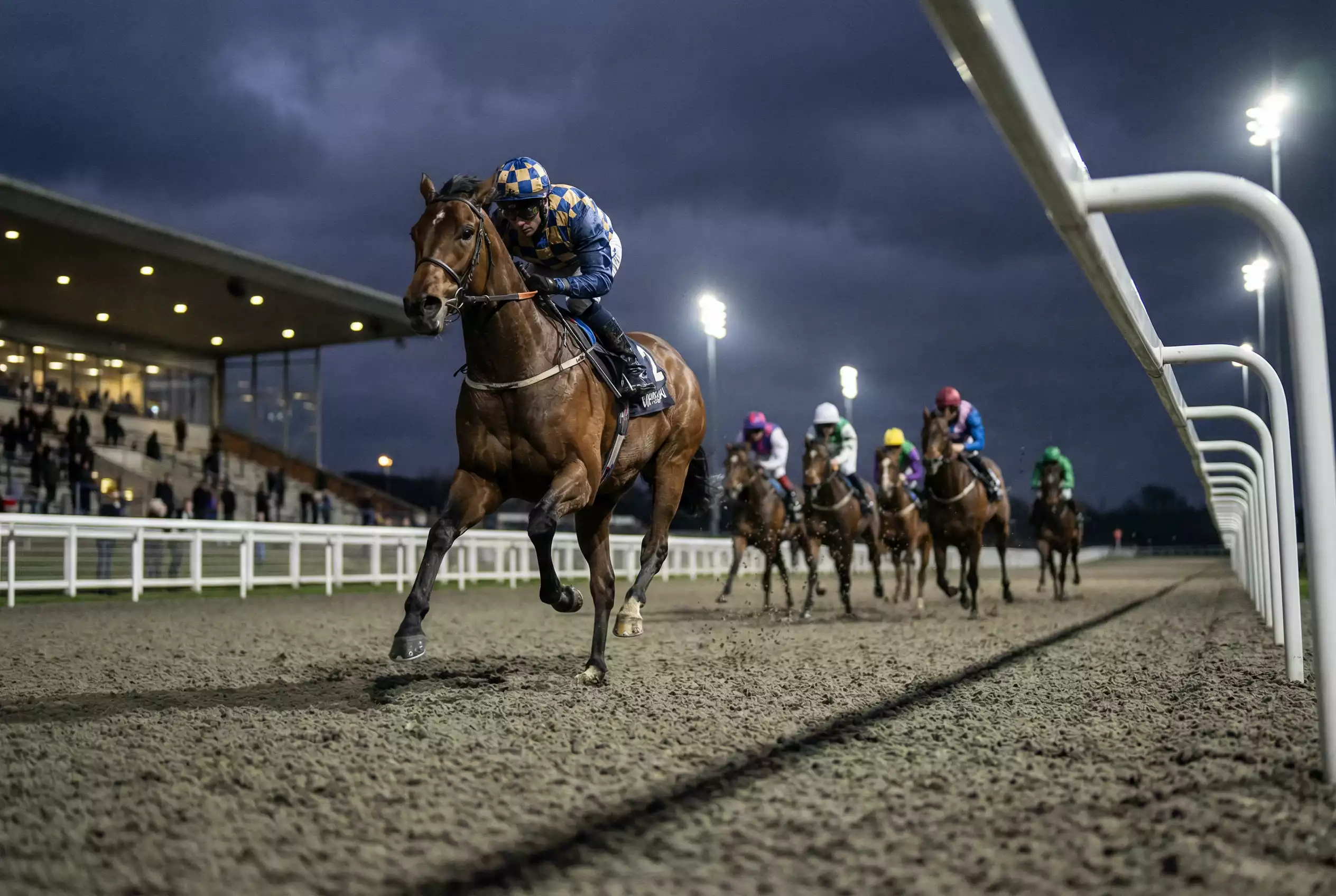 Front-running horse leading the field in a Wolverhampton evening sprint handicap