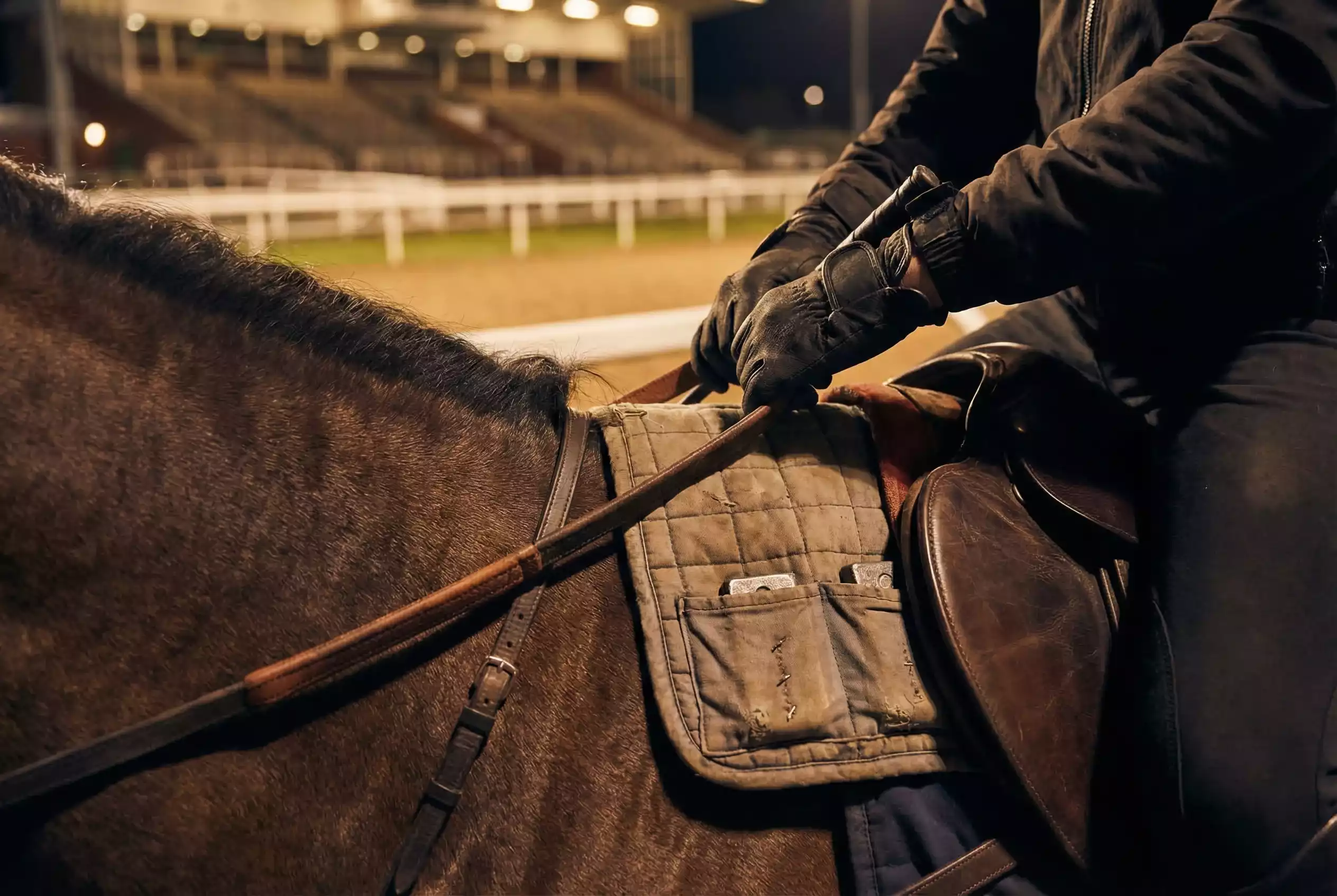 Jockey and horse competing in a handicap race at Wolverhampton under floodlights