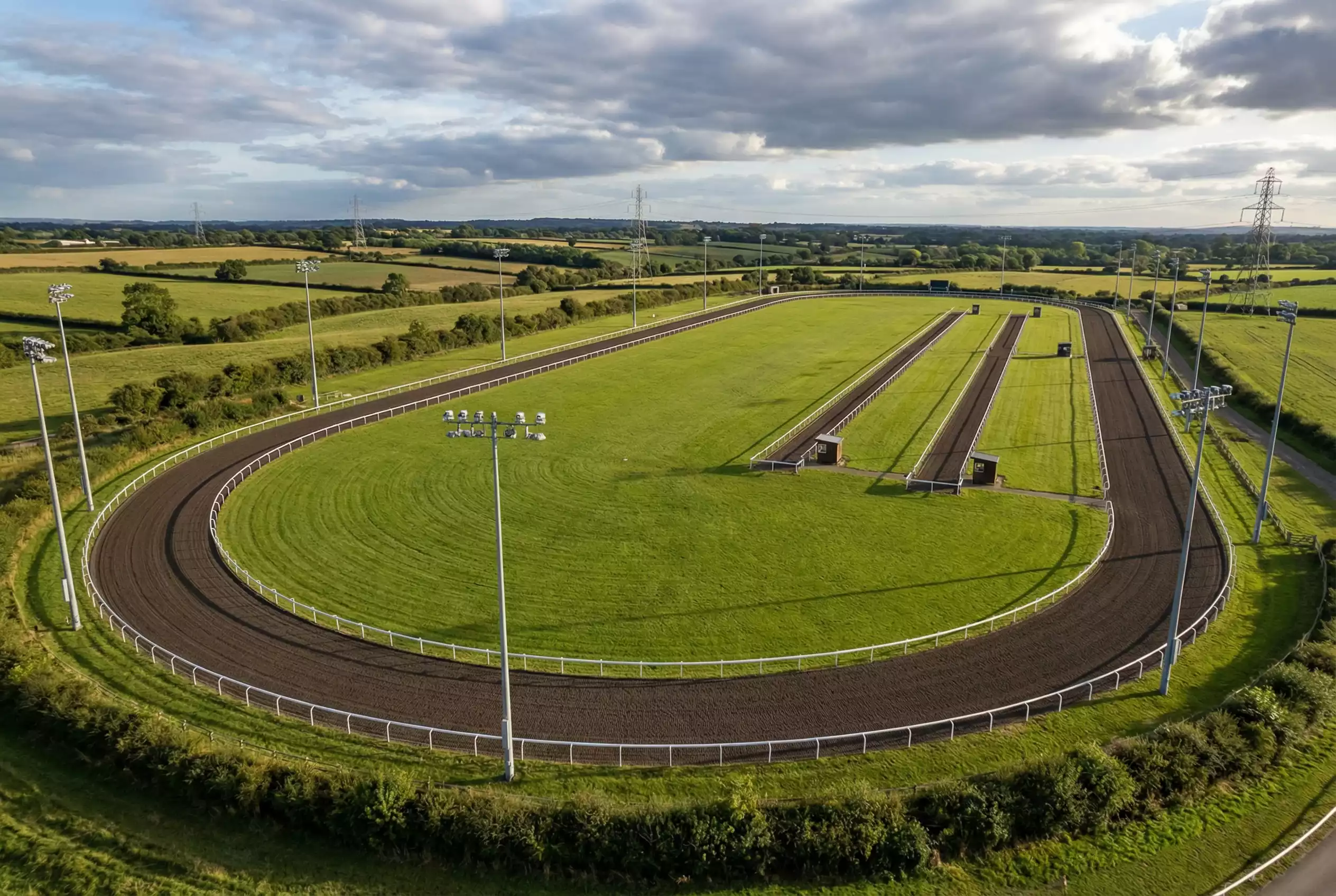Aerial view of Wolverhampton racecourse showing the sprint course layout